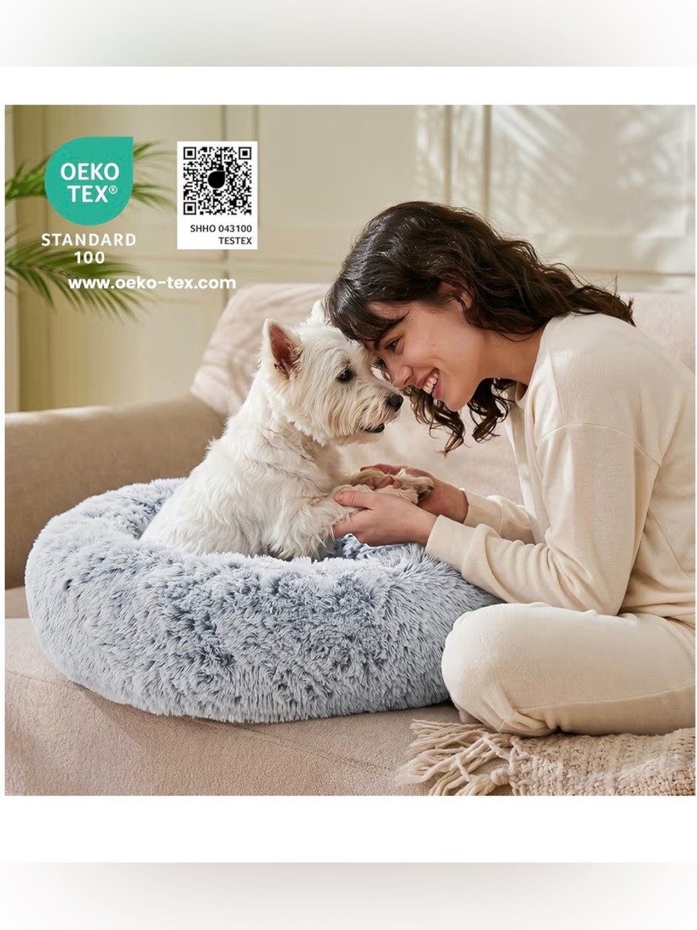 Plush Round Donut Pet Bed in Light Gray for Small & Medium pets, up to 25 lbs - Picture 6 of 8